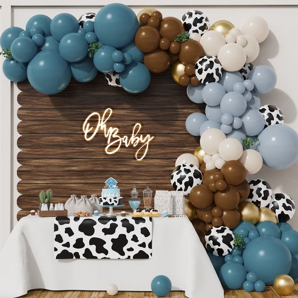 BALONAR 135Pcs Cow Boy Dusty Blue Balloons Arch Garland Kit with 18/10/5inch Sand White Coffee Cow Print Farm Animal Gold Balloons for Boy Birthday Party Baby Shower Birthday Supplies (Dusty Blue)