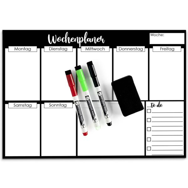 Magnetischer Wochenplaner abwischbar (schwarzes Design) + 3 Whiteboard-Marker & Schwamm | 38cm x 26cm | Kühlschrank-/Fitness-Planer | Clever Gadgets