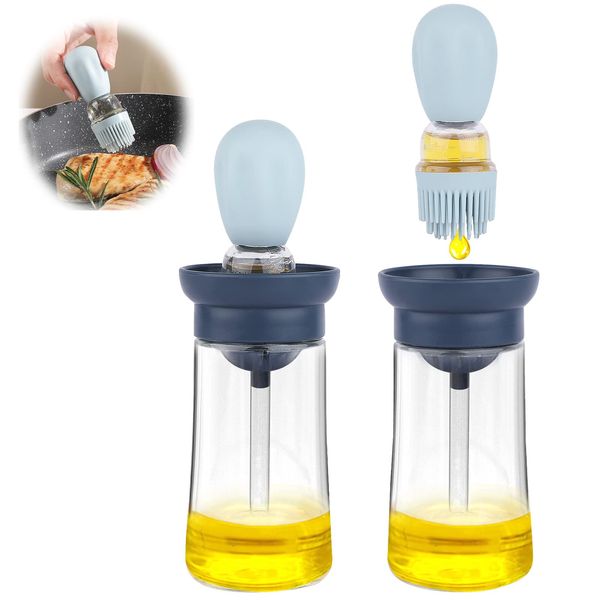 FARI Glass Olive Oil Dispenser Bottle with Silicone Brush 2 in 1 for Kitchen Cooking Frying Baking BBQ Pancake (1, Blue)