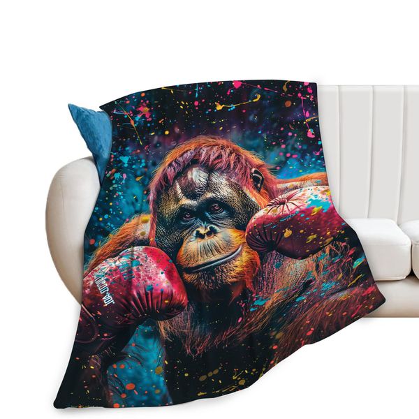 Boxing Sport Chimpanzee Blanket for Men Boys Boxing Gloves Gifts Chimpanzee Monkey Decor Pictures for Couch Sofa Bed Soft Warm Flannel Fleece 40"x50"