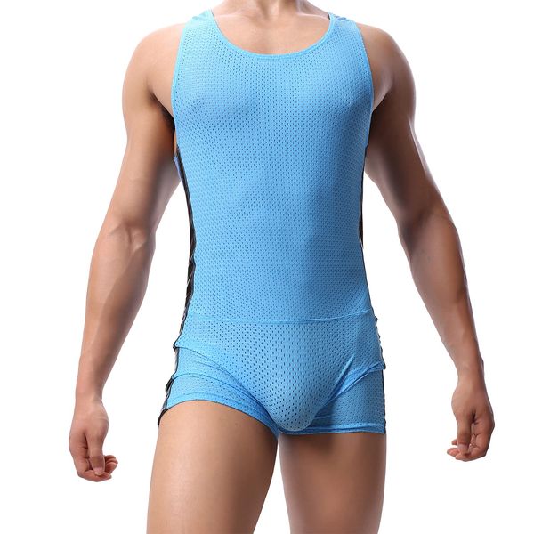 YUFEIDA Men's Sports Leotard Slim Fit Bodysuit One Piece Active Shirt Breathable Wrestling Singlet Bodywear Skyblue