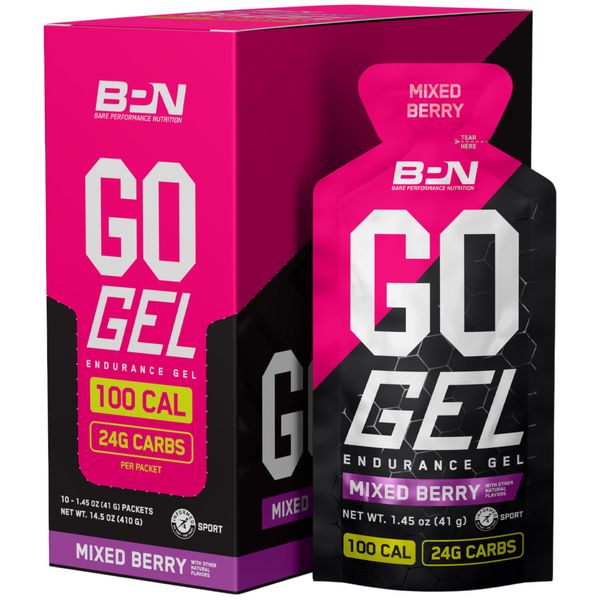 BARE PERFORMANCE NUTRITION, BPN Go Gel Endurance Gel, Vegan + Gluten Free Running Gel with 24g of Carbohydrates & 100 Calories per Gel Pack, 10 Single-Serving Gel Packs, Mixed Berry