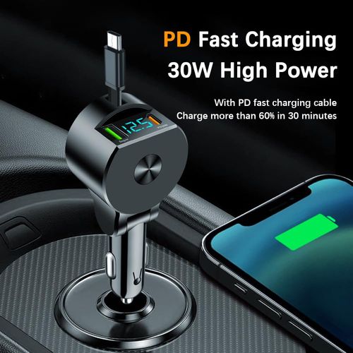 Alanph 75W 3-in-1 Car Charger Adapter with Voltage Detection, Super Fast Charging with Cable PD30W Retractable Cable for iPhone/Samsung/Android/iPad Pro and More