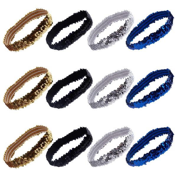 GORGECRAFT 12-Teiliges Pailletten-Stirnband Elastisch Leuchtend Dehnbar Funkelnd Glitzernd Modisch Verstellbares Haarband Zubehör-Set Für Damen Sport Tanz Party Teams Store (4 Farben)