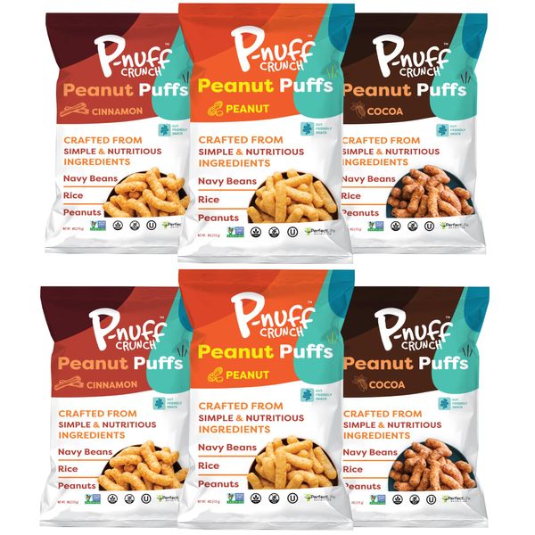 P-nuff Crunch Peanut Puffs Variety Pack – Shark Tank, Healthy Snacks, Keto, Gluten Free, 20g Vegan Protein per Bag, Gut Health, Low FODMAP, Fit Snacks, For Adults and Kids – 4oz Bag, 6-Pack