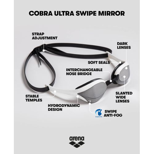 arena Cobra Ultra Swipe Mirror Unisex Race Swimming Goggles for Adults, Diving Goggles with Curved Mirror Lenses, Anti-Fog, UV Protection, 5 Interchangeable Nose Bridges, Black
