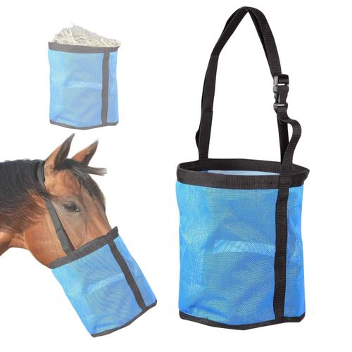 Horse Feed Hay Storage Mesh Net Bag for Grain, Adjustable Neck and Nose Pad for Horse Donkey Goat Camping Trips (Blue)