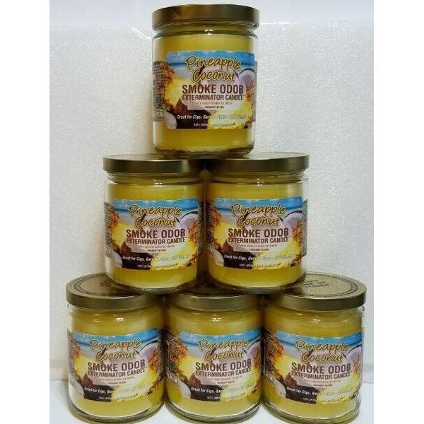Smoke Odor Exterminator 13 oz Jar Candle Pineapple Coconut Set of Six Candles.