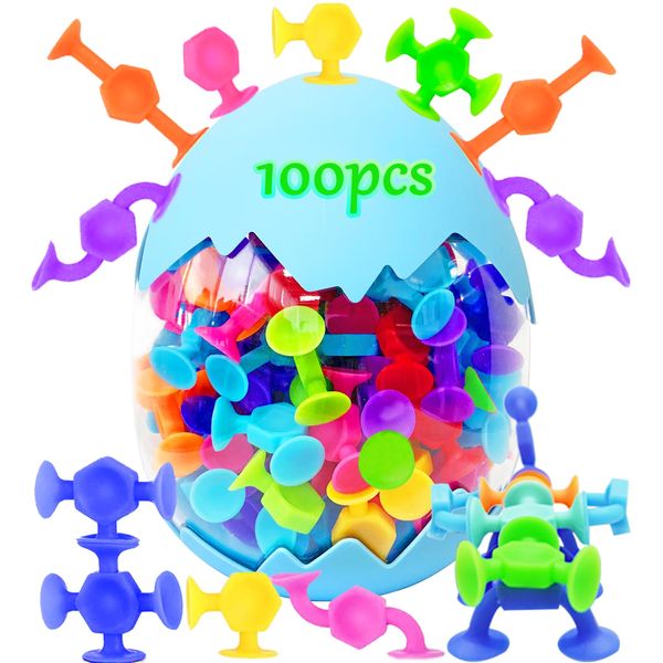 100pcs Suction Bath Toys for Baby Kids, Bath Toy Silicone Construction Building Blocks Montessori Sensory Toy for 3 4 5 6 7 8 Years Old Toddlers Boys Girls with Egg Storage