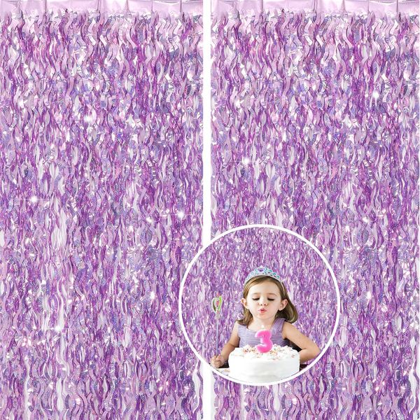 Lilac Pink Wave Party Backdrop Decoration -Foil Fringe Curtain Pink Party Streamers for Princess/Taylor/Unicorn/Bachelorette/Cowgirl/BTS/Sleepover Theme Party Decorations -2 Packs