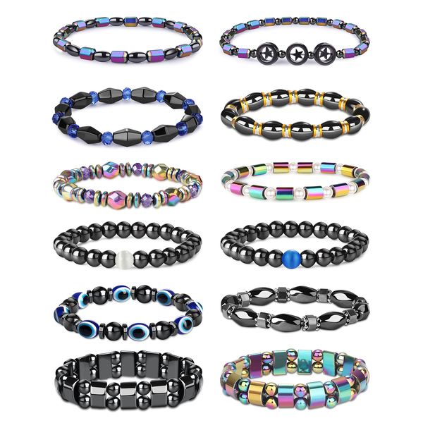 DOLOTTA 12Pcs Hematite Magnetic Bracelets Set for Men Women Magnetic Therapy Ankle Bracelet Circle Star Rainbow Magnet Stone Bracelet Relieve Anxiety Bracelet