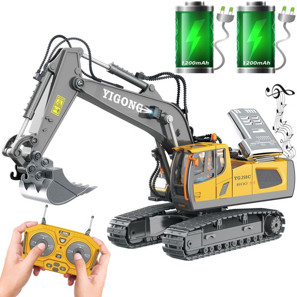 Remote Control Excavator Toy for Boys 4-7 Year Old, RC Digger Construction Toys Tractor, Best Birthday Gifts for Kids 6 7 8 9 10 11 Year Old, RC Construction Toys with Metal Shovel, Lights, Sounds