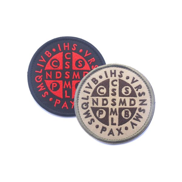 2 PCS Saint Benedict Cross Patches Embroidered Morale Patch Hook and Loop(Khaki Black)
