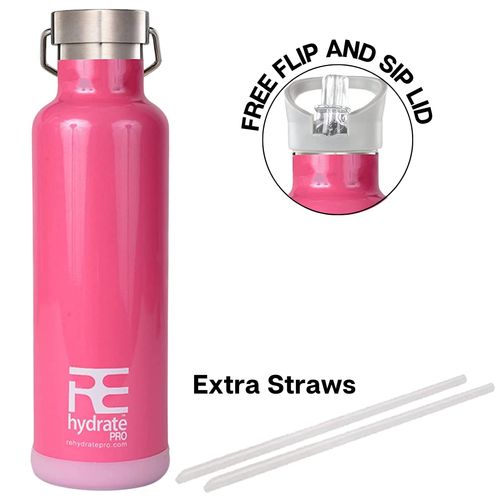 Rehydrate Pro 25oz Insulated Water Bottle with Straw, Bonus Lids and Leak Proof Flask to Keep Liquids Hot or Cold- Triple Wall Vacuum Water Bottle Insulated, Perfect for Gifts