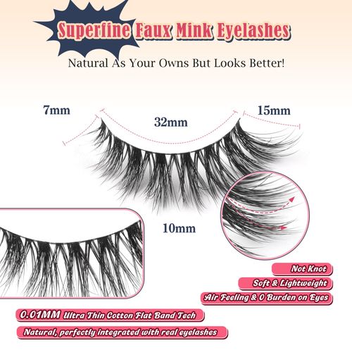 Lashes Wispy Natural Cat Eye Lashes 15mm False Eyelashes Wispy Lashes 3D Volume Strip Eyelashes Thin Cotton Band Soft Fake Eyelashes Mink Lashes Pack 7 Pairs Siligli