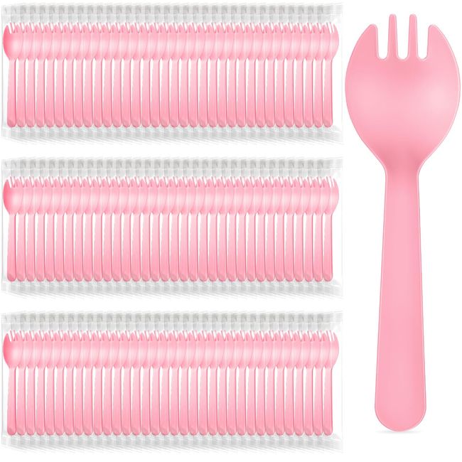 Tioncy 150 Pcs Disposable Plastic Sporks Individually Wrapped Disposable Sporks 4.5'' x 1.26'' 2 in 1 Fork and Spoon Set Disposable Serving Utensils for Dessert Restaurant Party Supply (Pink)