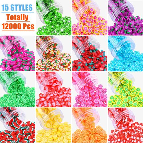 12000 Pcs Acejoz 15 Styles Assorted Fimo Slices for DIY Slime 3D Polymer Slices Resin Making Charms Fruit Slices for Lip Gloss, Nail Art, and Cellphone Decorations.