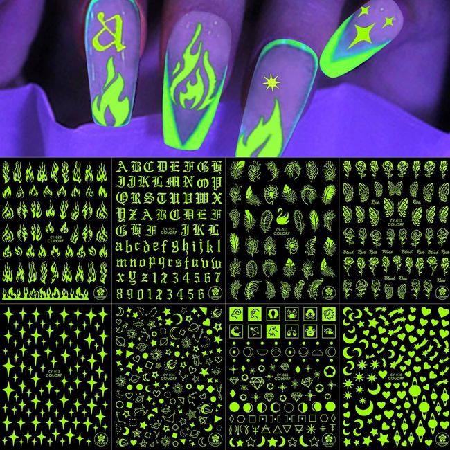 LANODO 9 Pieces Nail Stickers Alphabet 3D English Luminous Alphabet Pretty Nail Sticker DIY (0974)