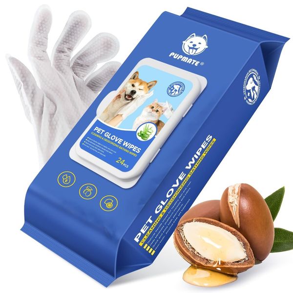 Pet Cleaning Glove Wipes for Dogs & Cats, Hypoallergenic Deodorizing Disposab...