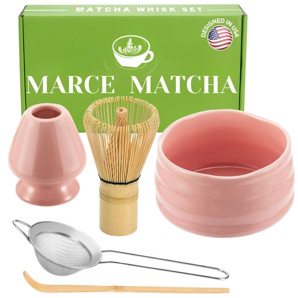 Marce Matcha Whisk Set- Matcha Whisk and Bowl, Matcha Sifter, Matcha Whisk Holder and Matcha Spoon- The Perfect Matcha Kit for Matcha Tea (Pink)