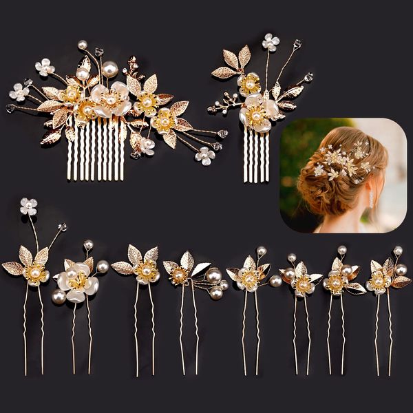 10 Pcs Bridal Hair Accessories for Women, Gold Hair Accessories with Bridal Hair Comb U-shaped Hair Clips, Pearl Vintage Wedding Hair Accessories Sets for Bride,Bridesmaid,Women,Girls (Golden Leaf)