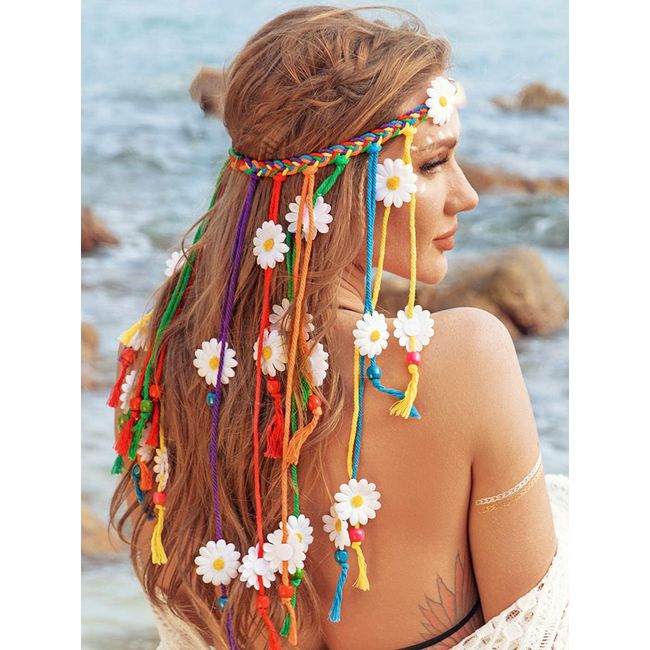 Edary Women Boho Sunflower Headband Rainbow Braided Hairbands Floral Hippie Headpiece Floral Colorful Hair Accessories