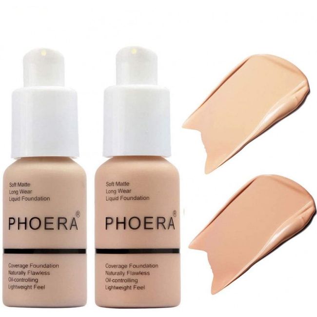 2pcs PHOERA Soft Mate Full Coverage Liquid Foundation Bright Highlight Women's Matte Oil Control Concealer 1