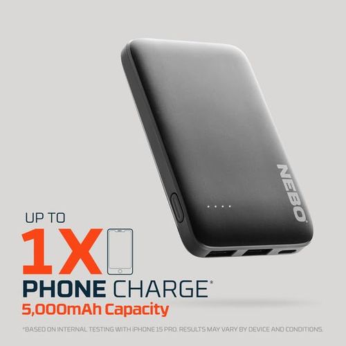 NEBO 5K 5000mAh Power Bank | 18.5Wh Capacity, 2-Way Output Charging, Durable USB & USB-C Ports, Portable iPhone & Android Phone Charger, TSA Approved Travel Essential