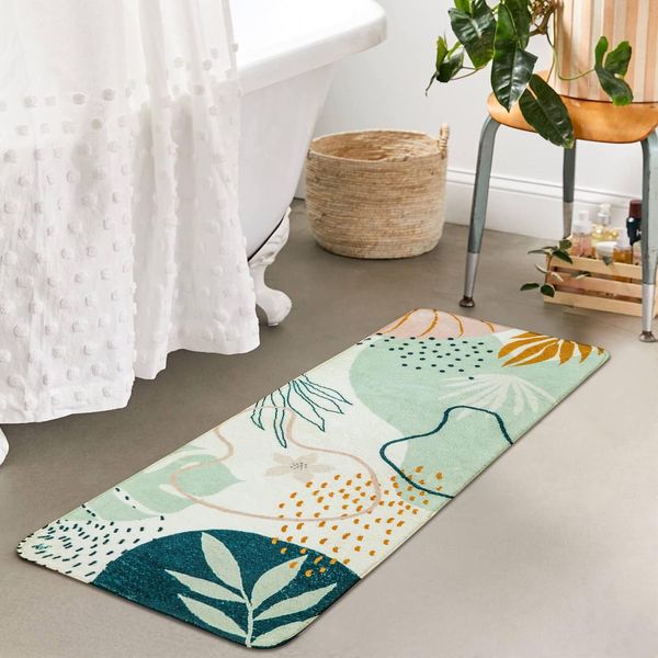 Uphome Bathroom Runner Rug Modern Abstract Long Bath Mat Non-Slip Cute Green Plant Bath Rug Soft Velvet Machine Washable Floor Mats for Bathroom Tub Shower,18''x47''