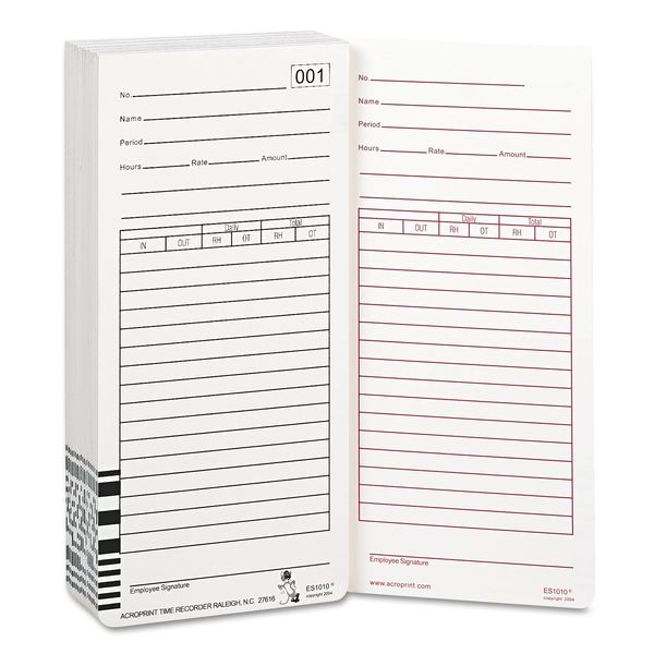 Acroprint 099111000 Time Card for Es1000 Electronic Totalizing Payroll Recorder, 100/Pack