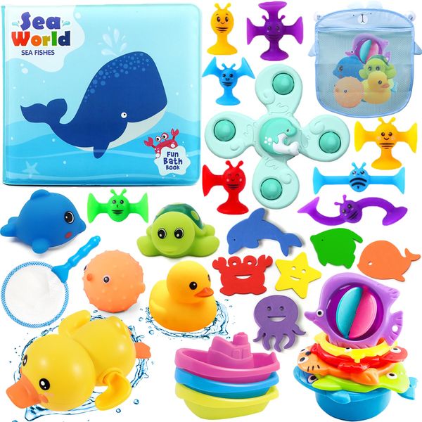 Chennyfun Dolphin Baby Bath Toy Set, 32PCS Floating Ocean Animal Themed Bath Squirt Toys With Baby Bath Books, Suction Spinners, Fishing Net, Education Teaching and Learning Toys for Toddlers and Kids