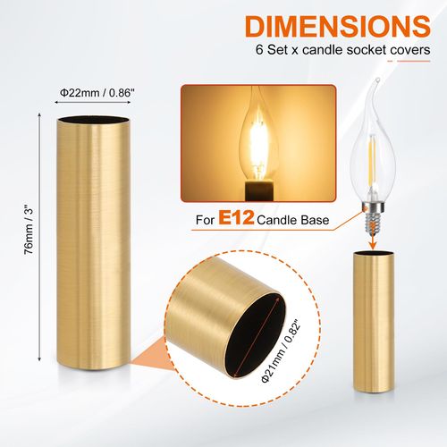 PATIKIL 3" Tall Candle Covers Sleeves, 6Pcs Metal E12 Chandelier Socket Sleeves with Insulation Heat Shrinkable Flame Retardant Tube Bulb Light Base Holder for Lamps, Golden