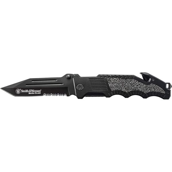 Smith & Wesson Border Guard SWBG2TS 10in High Carbon S.S. Folding Knife with 4.4in Serrated Tanto Blade and Aluminum Handle for Tactical, Survival and EDC , Black