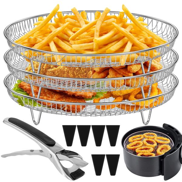 Air Fryer Rack Round for Ninja 3 Layer Air Fryer Accessories Stacking Bacon Racks with 6 Heightening Feet 1 Clip Stainless Steel Dehydrator Rack Basket Tray for Baking Roasting Air Fryer Oven (Round)