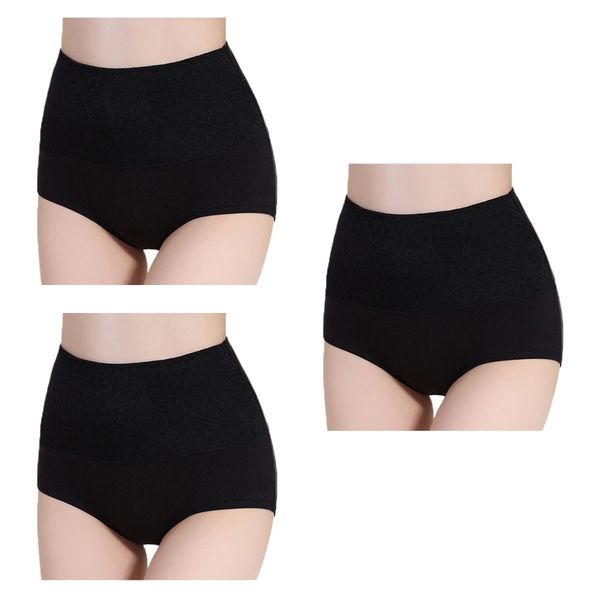 willmatch a487 Women's 3-Piece Set Tummy Control Panties, Soft Girdle, High Waist, Cotton, Cotton Pants,, Black 3 Pack