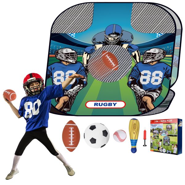 Imagifun Bean Bag Toy, Toss Target Games, 3-in-1 Soccer Rugby Baseball Set, Throwing Target Toy, Soft Baseball, Inflatable Football, Rugby, for Kid 1-4 Indoor Outdoor Toss