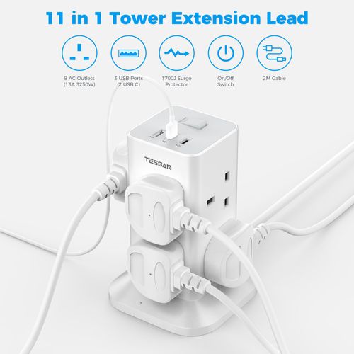 Tower Extension Lead with 2 USB C Slots, TESSAN 8 Way Multi Plug Extender Sockets 2M Cord, Surge Protected Power Strip with Switch for Home, Drom Room, School, Office Supplies