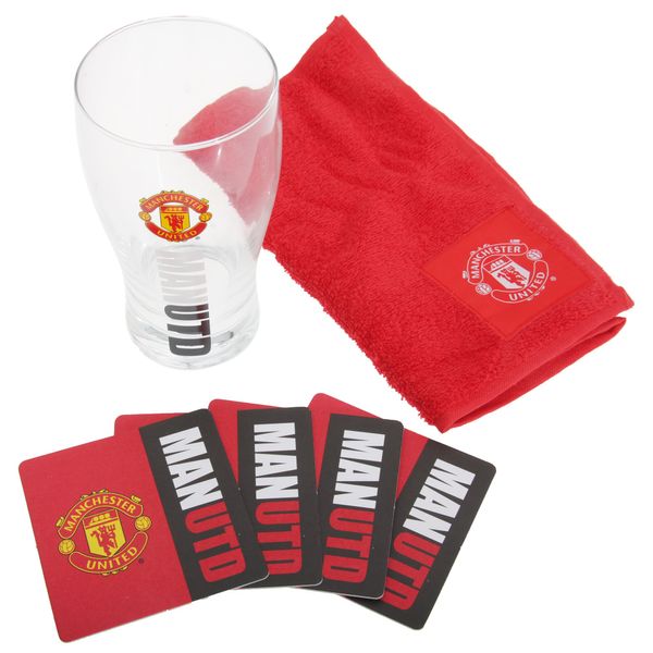 Manchester United FC Official Wordmark Mini Football Bar Set (Pint Glass, Towel & Beer Mats) (One Size) (Red/Black)