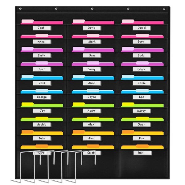 Godery School Pocket Chart, 30 Signatory Pocket, Heavy Duty Hanging File Folders Pocket Chart Cascading Organizer & 5 Hangers Hooks, Perfect for Classroom, School, Office or Home Use