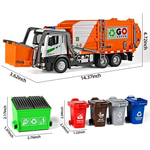 NOVAFUSION Front Loader Arm Toy Garbage Truck with Auto Lift Function,Diecast Garbage Truck Metal Cab,Friction Powered Garbage Truck Toy with Lights and Sounds,Garbage Trucks for Boys Age 4-7（Orange）