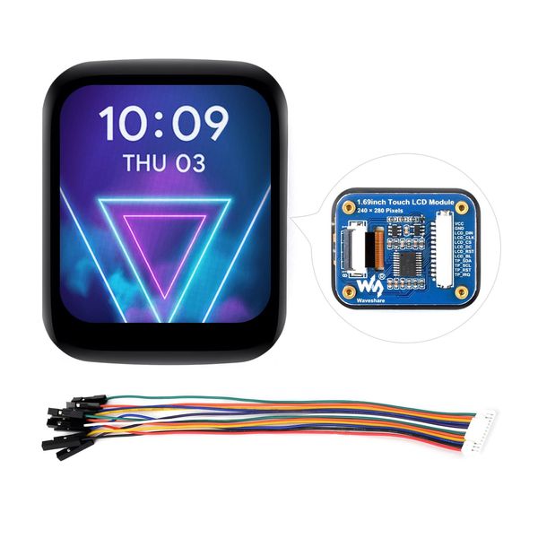 Waveshare 1.69inch Round LCD， Compatible with Raspberry Pi 5, Display Module with Touch Panel, Micro LCD Display, 240×280 Resolution, IPS, SPI and I2C Communication, 262K Display Color