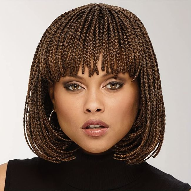 Czrleaty Box Braid Wig Synthetic Short Bob Wig Box Braided Wig With Bangs Cornrow Braided Wig For Black Women (10 inches, Brown)