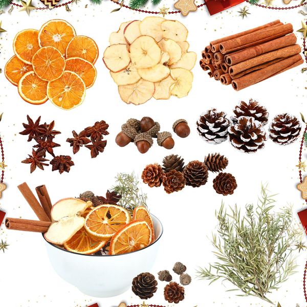 Knitgrip 120 Pieces Christmas Potpourri Bowl Filler Dried Orange Slices Dried Apple Slices Cinnamon Sticks Fennel Acorns Cones White Frosted Pine Cones Stovetop Potpourri for Holiday Xmas Decor