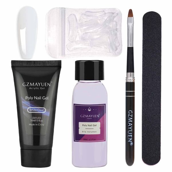 GZMAYUEN Poly Nail Gel Per Unghie Kit Trasparente Bianco Estensione Unghie Gel Poly Extension Gel 30ML Slip Solution per Poly Nail Gel con Nail Brush