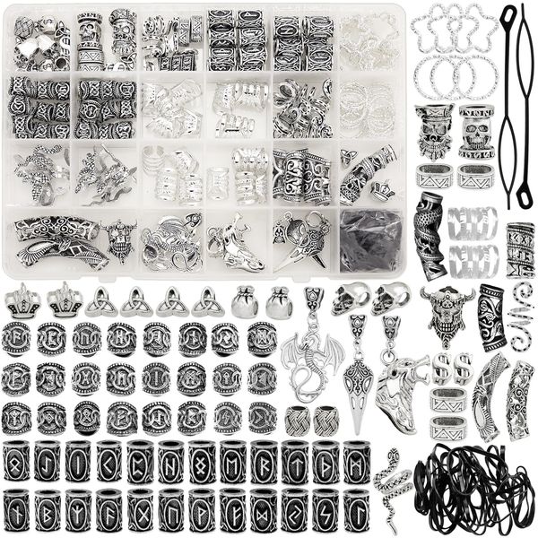 Fscwlmon 215 Pcs Viking Dreadlock Accessories Hair Charms Norse Runes Tube Beads Metal Clips Cuffs Rings Vikings Jewelry For Women Bracelets Pendant Necklace DIY Braid Accessories Silver