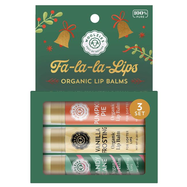 Woolzies Natural Moisturizing Organic Fa-La-la-lips Lip Balm Verity Pack, Candy Cane, Vanilla Frosting, Pumpkin Pie.