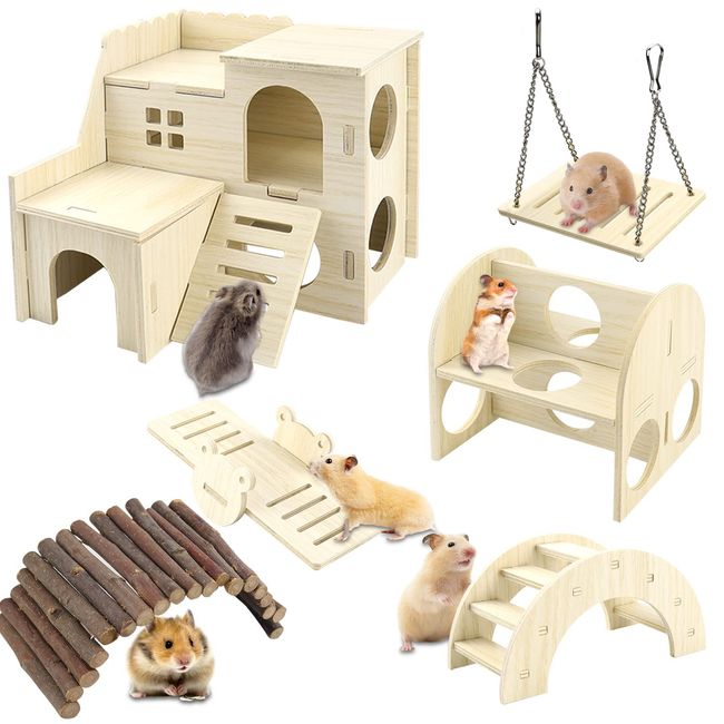 YYWEi Hamster Spielzeug 6 Stück Hamster Kauspielzeug Spielzeug für Hamster aus Holz Brücke Wippe Schaukel Trainingspielzeug für Meerschweinchen Chinchillas Rennmäuse