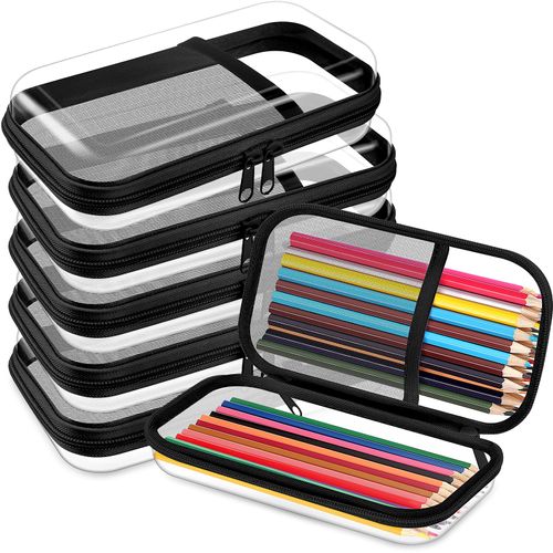 Resholder 6 Pcs Clear Hard Sided Zipper Cases Pouches Bulk, Hard Shell Plastic Pencil Case with Mesh Pocket Toiletry Pouch Cosmetics Puzzles Organizer Makeup Bags, Back to School Favors(Black)