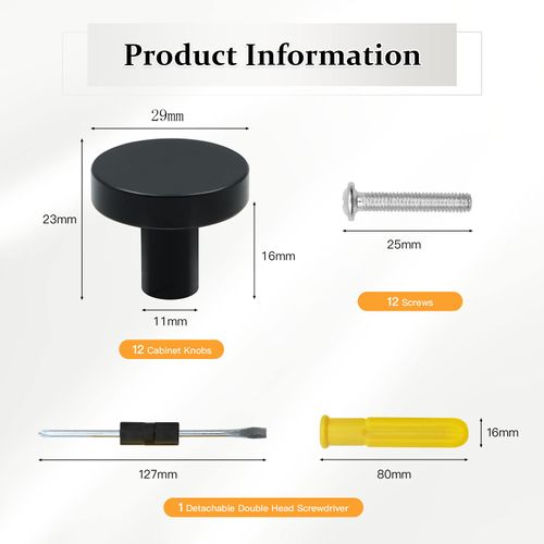ZOCONE 12 PCS Black Door Knobs, 29mm Round Cabinet Knobs with 12 Screws & Double-Ended Dual-Purpose Screwdriver Black Kitchen Drawer Knobs for Cupboard Wardrobe Furniture-Minimalist Modern Style