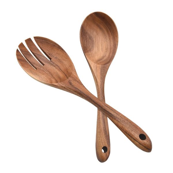 AYFDISHS Salad Servers,Wooden Salad Tongs,10.2in Serving Utensils Set,Acacia Salad Spoon and Fork Set Long Handle Salad Server Set Wood Serving Utensils